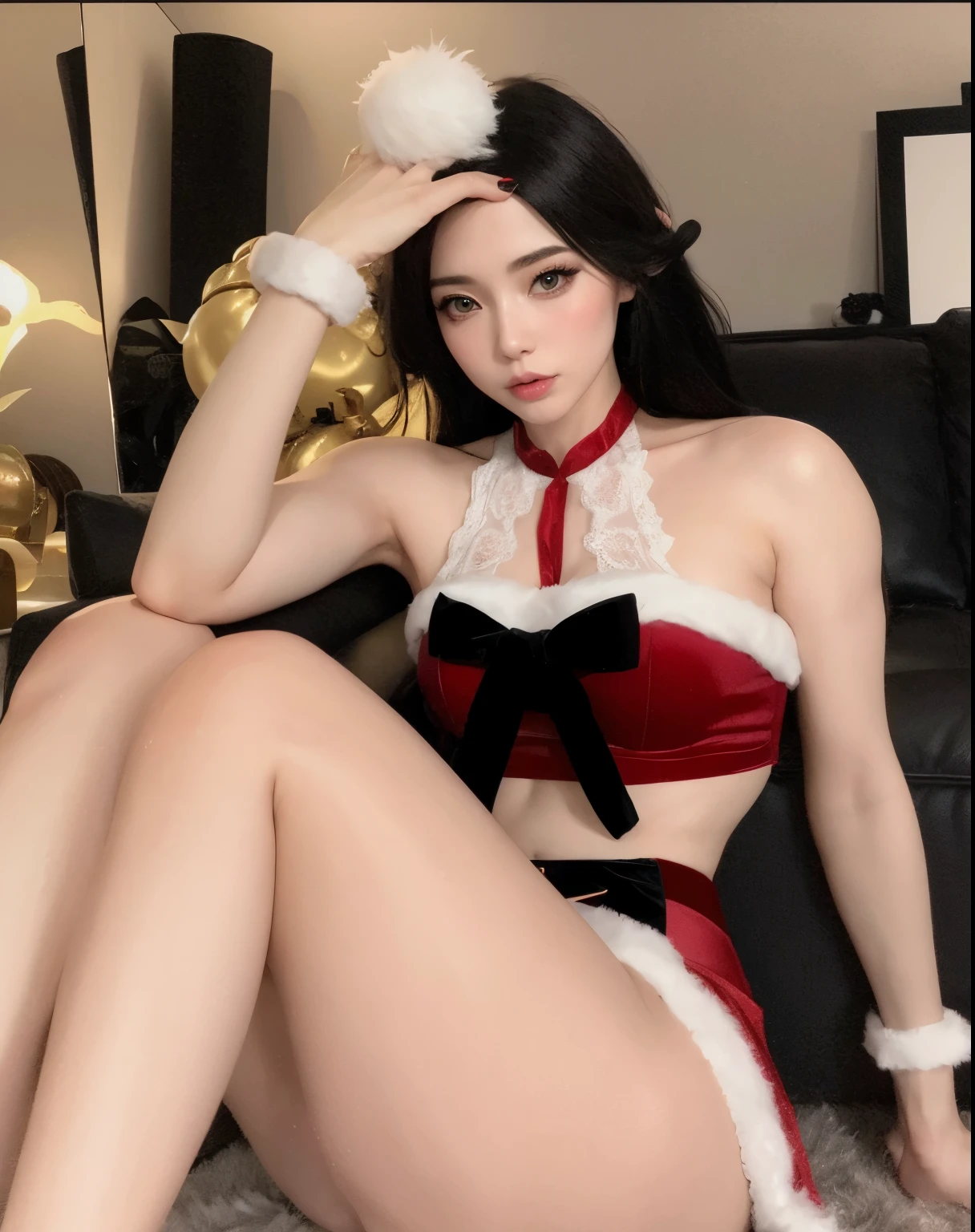 there is a woman in a santa outfit sitting on a couch, amouranth, sha xi, japanese goddess, [32k hd]^10, belle delphine, full body xianxia, v from devil may cry as an elf, very sexy devil outfit, very sexy outfit, sakimichan, taken in 2 0 2 0