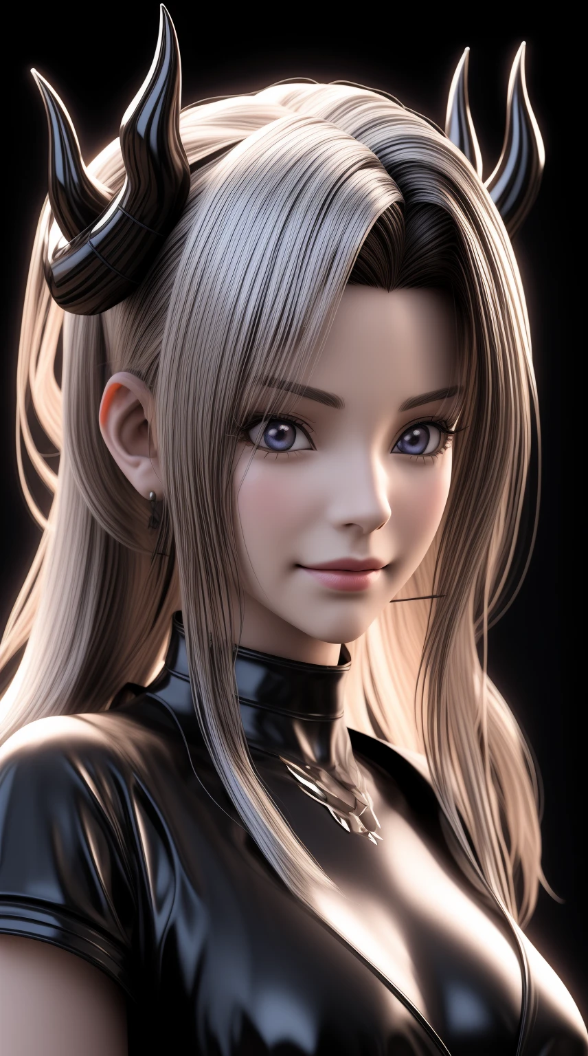 a close up of a woman with horns on her head, cute face. Devilishly smiling, dark fantasy, stunning anime face portrait, render of a cute 3d anime girl, beautiful digital artwork, photorealistic anime girl render, 3 d anime realistic, with long hair and piercing eyes, anime styled 3d, beautiful anime face, gorgeous digital art, beautiful digital art, 3d anime girl