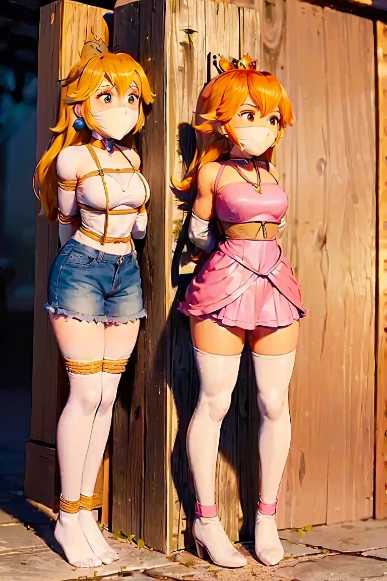 young Female , STANDING BY WOODEN POLE, highres, masterpiece, perfect ligthing, bloom, cinematic lighting, , perfect skin, female, looking at viewer, full body shot, smile, narrow waist, skinny, (PrincessPeach), (Princess Peach), (wearing a white polo shirt, pink skirt, shoe), detailled eyes, blue eyes, beautiful light, (day:1.3), bright,((shibari, bound arms, arms back behind:1.4)), tied in a wood palm tree pole, ((tight full face latex mask)), (otn gag), (((gagged mask)))