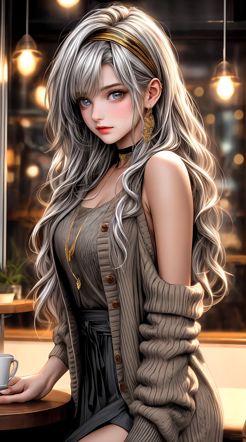 A girl with golden eyes and silver hair, wearing a choker and a headband, has long wavy hair with asymmetrical bangs. She is dressed in a sleeveless dress with a cardigan, showing off her shoulders. The scene takes place in a cozy cafe. Please ensure the girl's eyes are extremely detailed and her face is beautifully detailed. Avoid any depiction of bad hands, missing fingers, or mutated hands and fingers. The artwork should have the best quality, with a resolution of 4K or 8K. It should be ultra-detailed, realistic, and possibly photorealistic. The overall style can be portrait-like, with vivid colors and possibly bokeh effect. The color tone should enhance the warmth and coziness of the cafe scene. The lighting should be soft and warm, creating a cozy and inviting atmosphere.