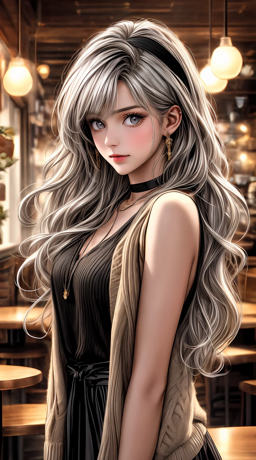 A girl with golden eyes and silver hair, wearing a choker and a headband, has long wavy hair with asymmetrical bangs. She is dressed in a sleeveless dress with a cardigan, showing off her shoulders. The scene takes place in a cozy cafe. Please ensure the girl's eyes are extremely detailed and her face is beautifully detailed. Avoid any depiction of bad hands, missing fingers, or mutated hands and fingers. The artwork should have the best quality, with a resolution of 4K or 8K. It should be ultra-detailed, realistic, and possibly photorealistic. The overall style can be portrait-like, with vivid colors and possibly bokeh effect. The color tone should enhance the warmth and coziness of the cafe scene. The lighting should be soft and warm, creating a cozy and inviting atmosphere.