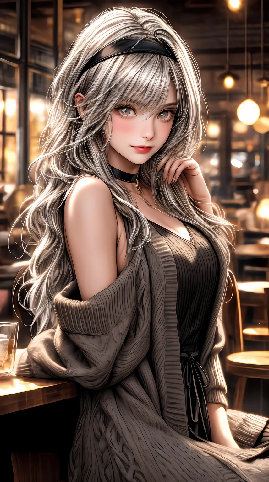A girl with golden eyes and silver hair, wearing a choker and a headband, has long wavy hair with asymmetrical bangs. She is dressed in a sleeveless dress with a cardigan, showing off her shoulders. The scene takes place in a cozy cafe. Please ensure the girl's eyes are extremely detailed and her face is beautifully detailed. Avoid any depiction of bad hands, missing fingers, or mutated hands and fingers. The artwork should have the best quality, with a resolution of 4K or 8K. It should be ultra-detailed, realistic, and possibly photorealistic. The overall style can be portrait-like, with vivid colors and possibly bokeh effect. The color tone should enhance the warmth and coziness of the cafe scene. The lighting should be soft and warm, creating a cozy and inviting atmosphere.