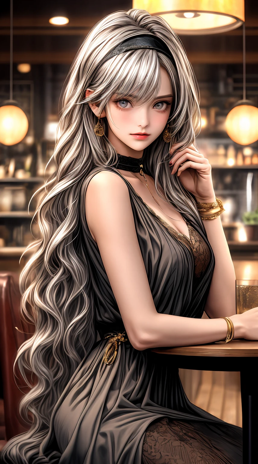 A girl with golden eyes and silver hair, wearing a choker and a headband, has long wavy hair with asymmetrical bangs. She is dressed in a sleeveless dress with a cardigan, showing off her shoulders. The scene takes place in a cozy cafe. Please ensure the girl's eyes are extremely detailed and her face is beautifully detailed. Avoid any depiction of bad hands, missing fingers, or mutated hands and fingers. The artwork should have the best quality, with a resolution of 4K or 8K. It should be ultra-detailed, realistic, and possibly photorealistic. The overall style can be portrait-like, with vivid colors and possibly bokeh effect. The color tone should enhance the warmth and coziness of the cafe scene. The lighting should be soft and warm, creating a cozy and inviting atmosphere.