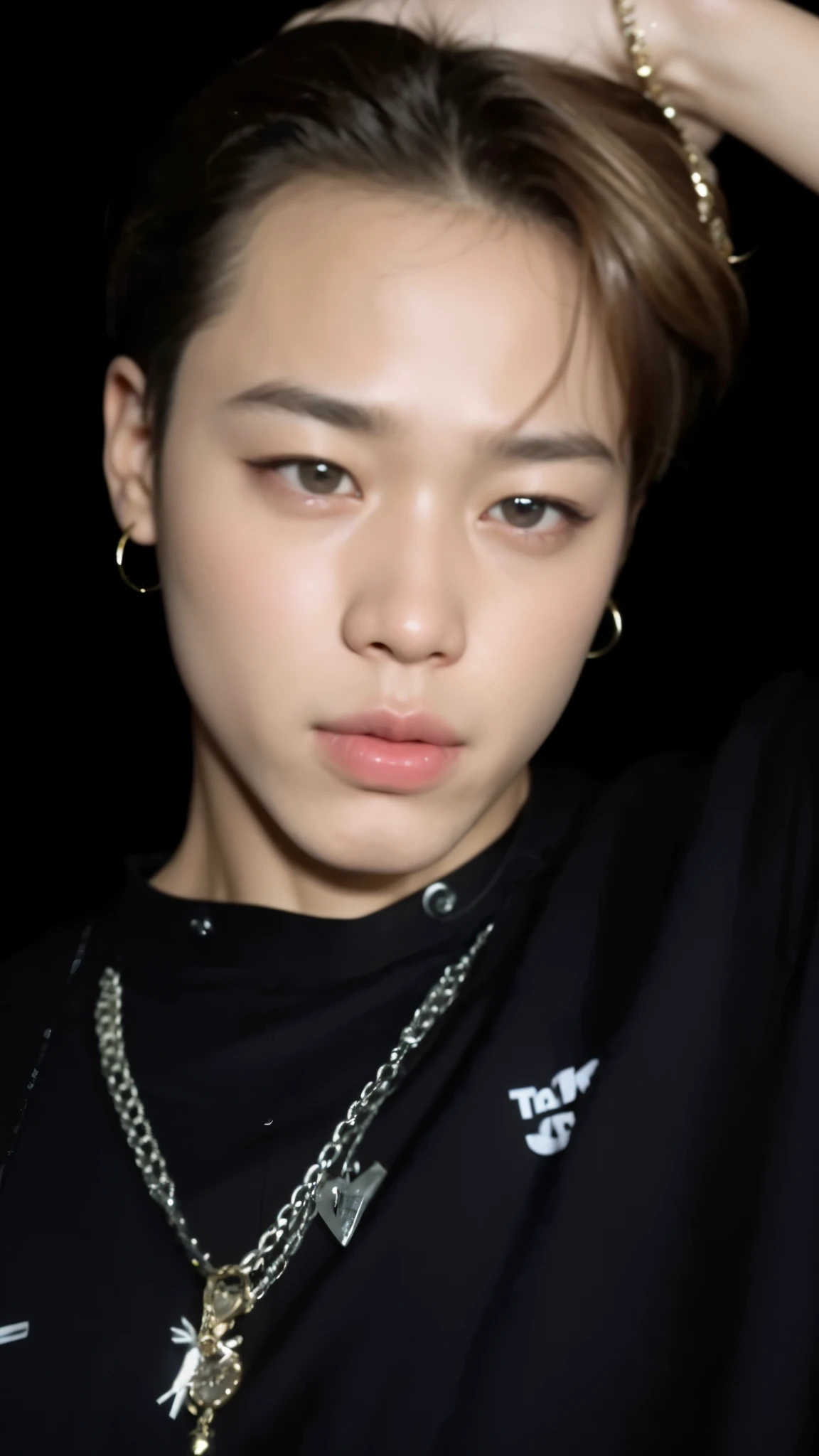 Park Jimin in a black shirt and a chain around his neck, Jimin\'s right eyelid swollen, accurate Jimin face, Jimin\Plump lips, Jimin\Nariz grego, park Jimin, Jimin, olhos brilhantes penetrantes, Park Jimin face, PARK JIMIN, jimin face, JIMIN EYES, JIMIN MOUTH