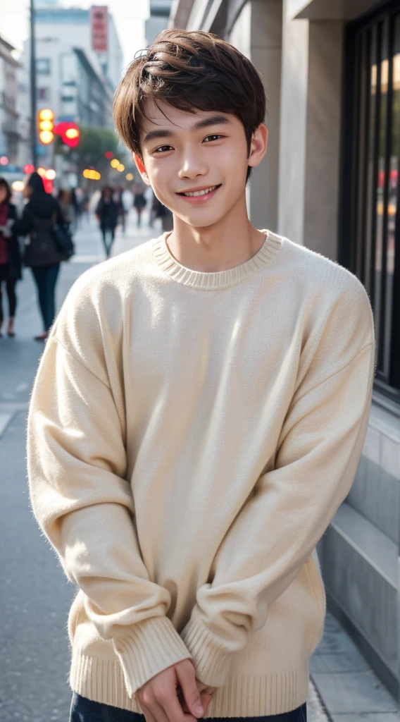 quality、image quality、8K分辨率、lovely boy,chineseidol,15year old,with perfect style、combed brown hair,Short hair detailclusive sweater、Dark sweater、the street、The smile is bright, Detailed faces, 詳細な目,