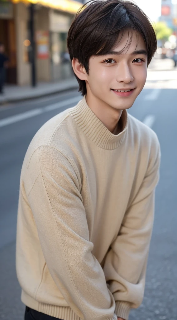 quality、image quality、8K分辨率、lovely boy,chineseidol,ar old,with perfect style、combed brown hair,Short hair detailclusive sweater、Dark sweater、the street、The smile is bright, Detailed faces, 詳細な目,