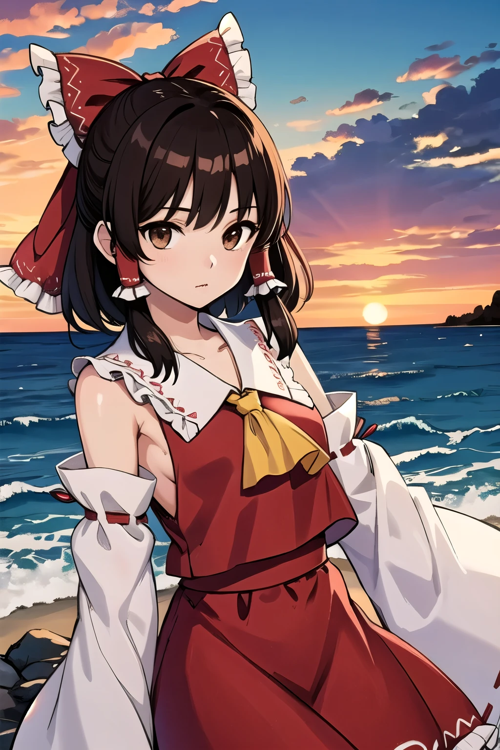 detailed background, masterpiece, best quality, 1girl, hakurei reimu, brown hair, hair tubes, hair ribbon, brown eyes, sunset, touhou project, sea, cloudy