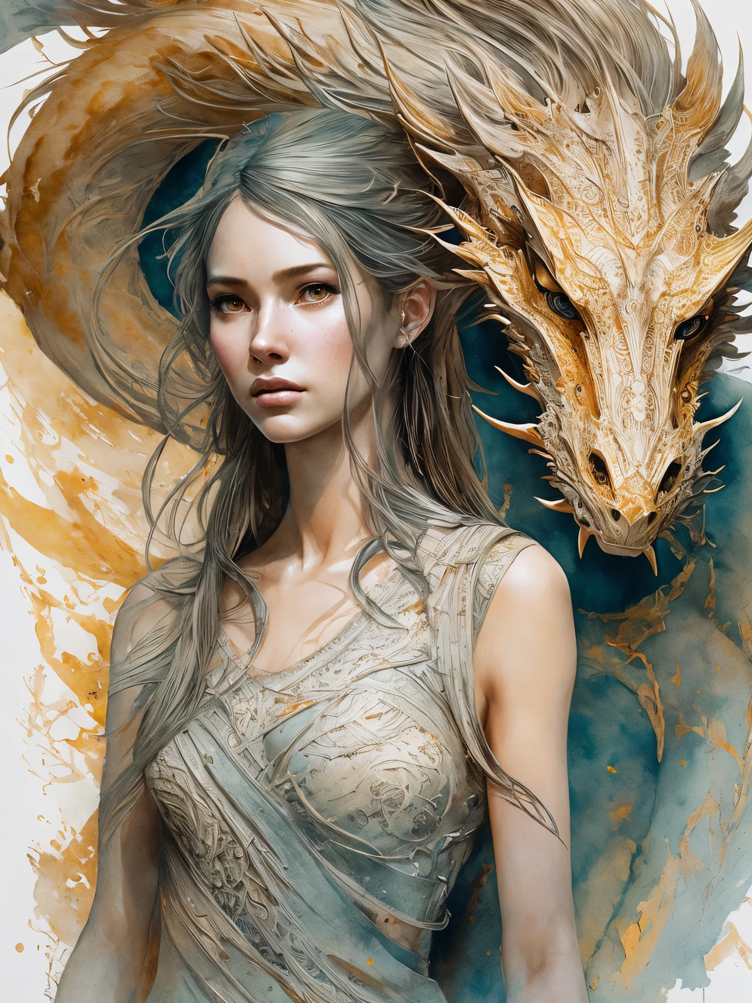 female with a young dragon behind her shoulder. Full body, Detailed face, detailed eyes. line art watercolor wash, ethereal background, abstract beauty,stand, approaching perfection, pure form, golden ratio, minimalistic, unfinished, concept art, by Brian Froud and Carne Griffiths and Wadim Kashin and John William Waterhouse, intricate details, 8k post production, high resolution, hyperdetailed, sharp focus, studio photo, intricate details, highly detailed, by greg rutkowski