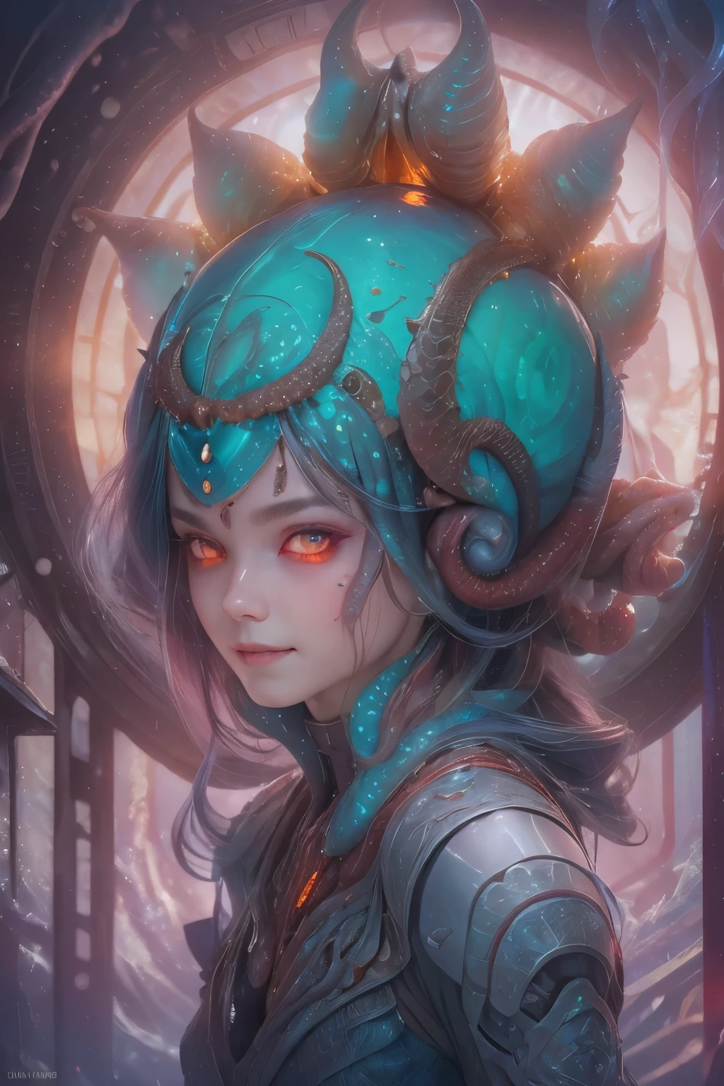 Portrait, (1 beautiful female alien:1.2),  (There is a female genital-like organ in the middle of the forehead:1.9), (The most beautiful face in the history of the universe:1.2), (Scarlet eyes that shine mysteriously:1.6), (Translucent skin:1.8), an evil gaze that seduces, (red eyes:1.5), (large mouth:1.1), sharp teeth like a shark, Full body like, (bio luminescent:1.2), (Smile wickedly:1.3),  (sexypose:1.5), alien, No humans, cells are fused, (Lots of translucent tentacles:1.1) (Translucent skin:1.3), extraterrestrial, cell, bio image, Best Quality, 8K,4K_quality, High Definition, Dramatic Lighting, masutepiece:1.5,cinematic quality, detail up, (Intricate details:1.2), High resolution, High Definition, drawing faithfully, (Thick eyebrows:1.2), Beautiful eyes with fine symmetry, (Ultra detailed eyes:1.2),(Highly detailed face and eyes:1.2), (High-resolution red-eye:1.4), Intimate face, (Super detailed skin quality feeling:1.4), Perfect Anatomy,  (Beautiful toned body:1.5),  (Moist skin:1.2), No makeup, (dark circles:1.1), long canines, cinematic drawing of characters, ultra high quality model, cinematic quality, detail up, (Intricate details:1.2), High resolution, High Definition, drawing faithfully, Official art, Unity 8K wall  , 8K Portrait, Best Quality, Very High resolution, ultra detailed artistic photography, midnight aura,  unreal enginee 5, Ultra Sharp Focus, art by alberto seveso, ArtGerm, Roisch, intricate artwork, best quality, masutepiece, ultra High resolution, (photos realistic:1.4), Ultra-realistic realism, dream-like,  nautilus, Creation of fantasy, Snail, Dream Snail,  (biopunk nautilus:1.3), Thrilling color schemes， Ultra-realistic realism， seductively smiling, Blue tentacles