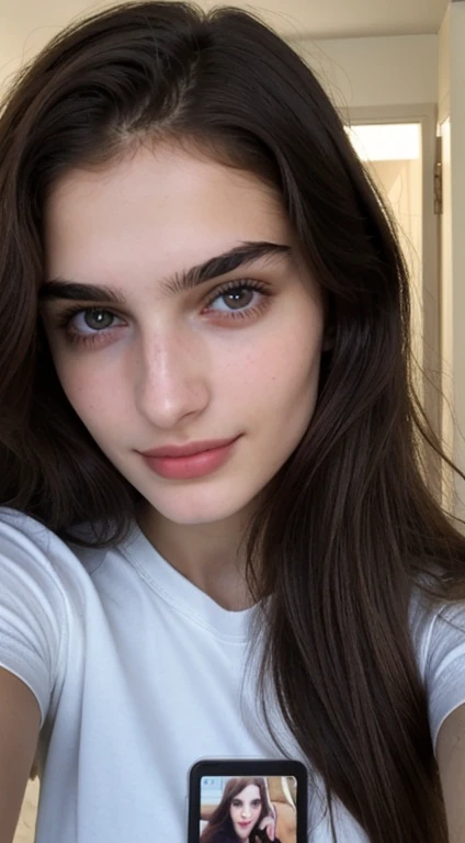 ((Front facing camera selfie)), 18 yo girl named Zahra Amiri, (straight nose), (prominent nose bridge), (female face golden ratios:1.15), long dense dark brown hair, (pale skin:1.25), (hazel eyes), thin eyebrows, high cheekbones, beautiful plump lips, big natural breasts, wearing tshirt, apartment background, smirk
