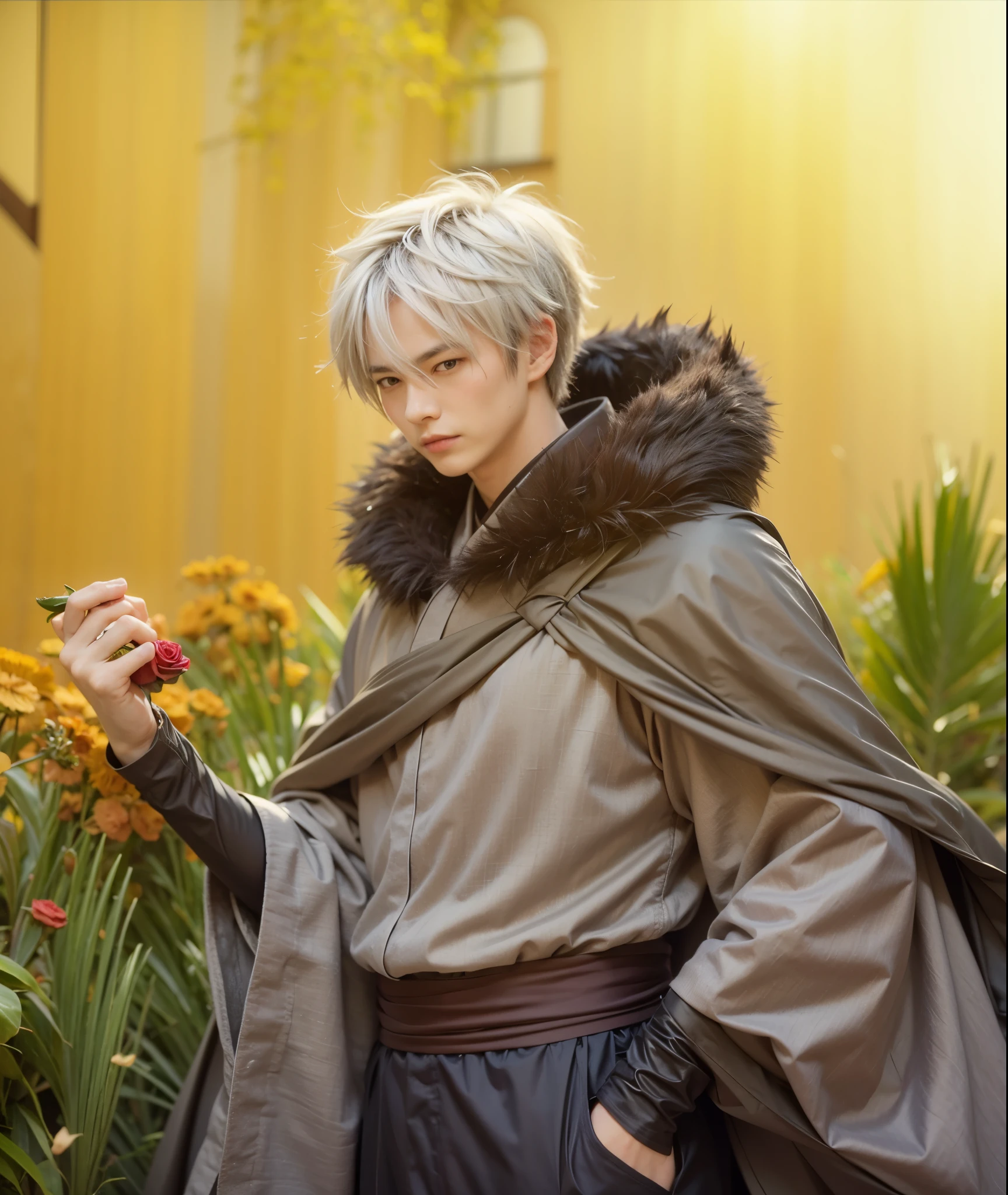 Hatsuharu souma, fruits basket, man, masculine face, teenage, brown kimono, grips red rose, silver spiky short hair