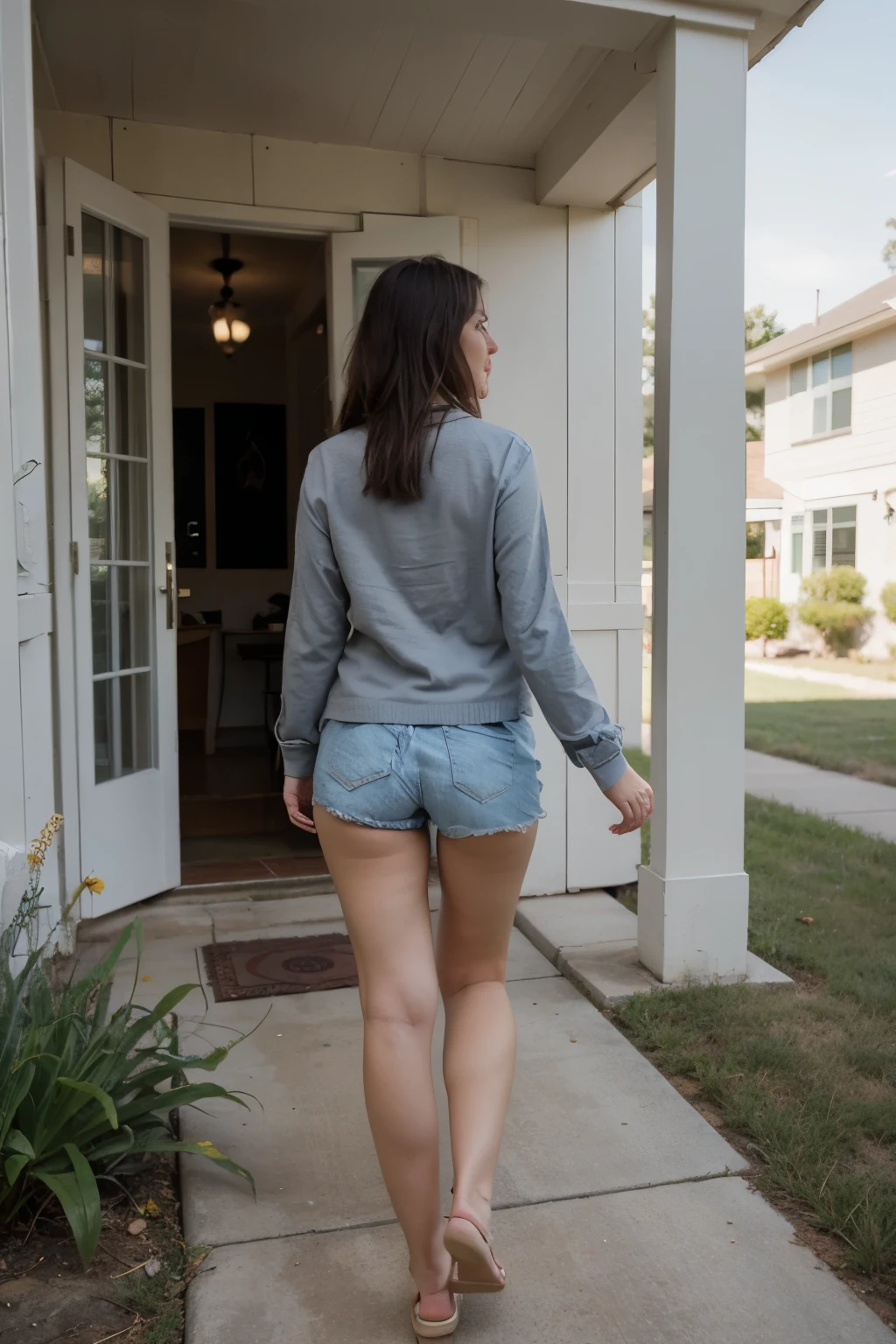 The backside of a clothed woman walking up to a cute midwestern house.