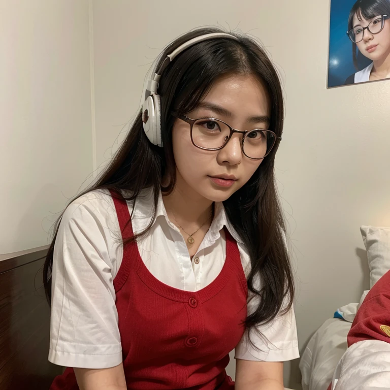 Korean Asian woman wearing glasses and headphones sitting on bed, with glasses, korean girl, thick glasses, age is 18 years old, 2 2 years old, thicc, 21 years old, beautiful asian girl, asian girl, young and cute girl, with glasses on, spectacled, cutecore, Large glasses, The cute catgirl is so pretty.,maid outfit, Thai Student Uniform