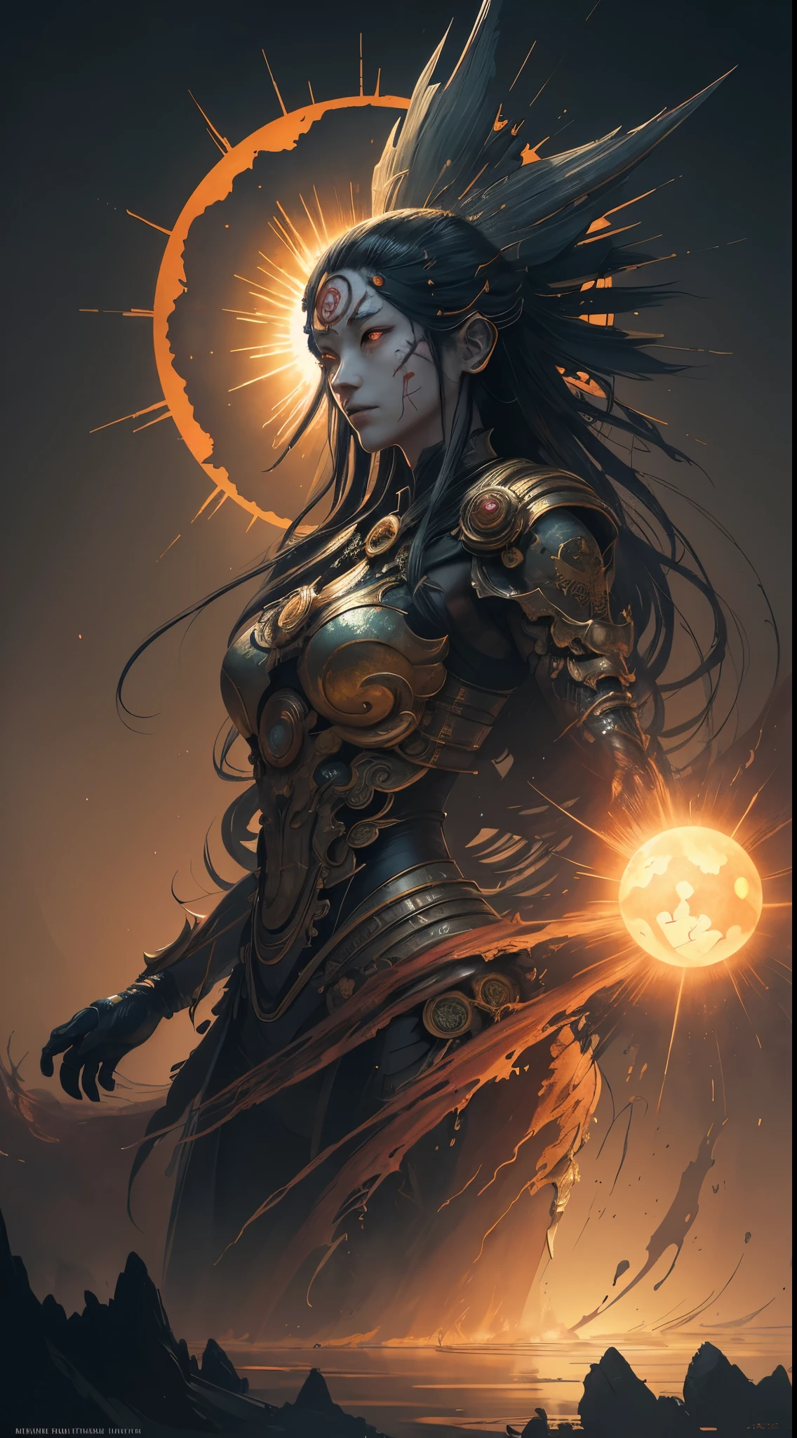 Capture the radiant moment of Amaterasu using her divine powers to create the sun, painting a glowing sun with warm hues that illuminates the land and banishes the darkness. In a water ink, ink water, ink, alberto seveso texture, loose painting style, intricate detail, cinematic lighting, octane render, 8k render, volumetric lighting, professional ominous concept art, by artgerm and greg rutkowski, an intricate, elegant, highly detailed digital painting, concept art, smooth, sharp focus, illustration, in the style of simon stalenhag, wayne barlowe, and igor kieryluk Japanese watercolor style,(Japanese watercolor painting)