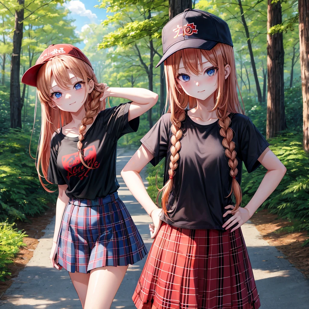 red blonde、blue eyess、Braids、one good looking girl、独奏、animesque、Plaid miniskirt、Black T-shirt、camisole、the woods、Sunlight、Wearing a plaid baseball cap、bare-legged、Tilting your face、Walking、Hands on hips、One hand is raised