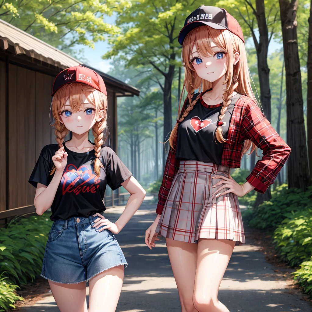 red blonde、blue eyess、Braids、one good looking girl、独奏、animesque、Plaid miniskirt、Black T-shirt、camisole、the woods、Sunlight、Wearing a plaid baseball cap、bare-legged、Tilting your face、Walking、Hands on hips、One hand is raised