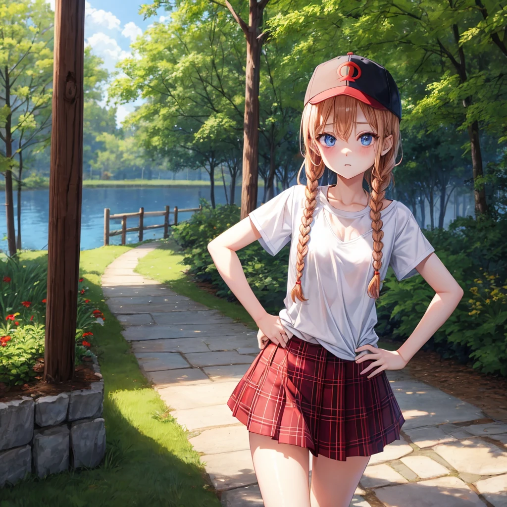 red blonde、blue eyess、Braids、one good looking girl、独奏、animesque、Plaid miniskirt、Black T-shirt、camisole、the woods、Sunlight、Wearing a plaid baseball cap、bare-legged、Tilting your face、Walking、Hands on hips、One hand is raised