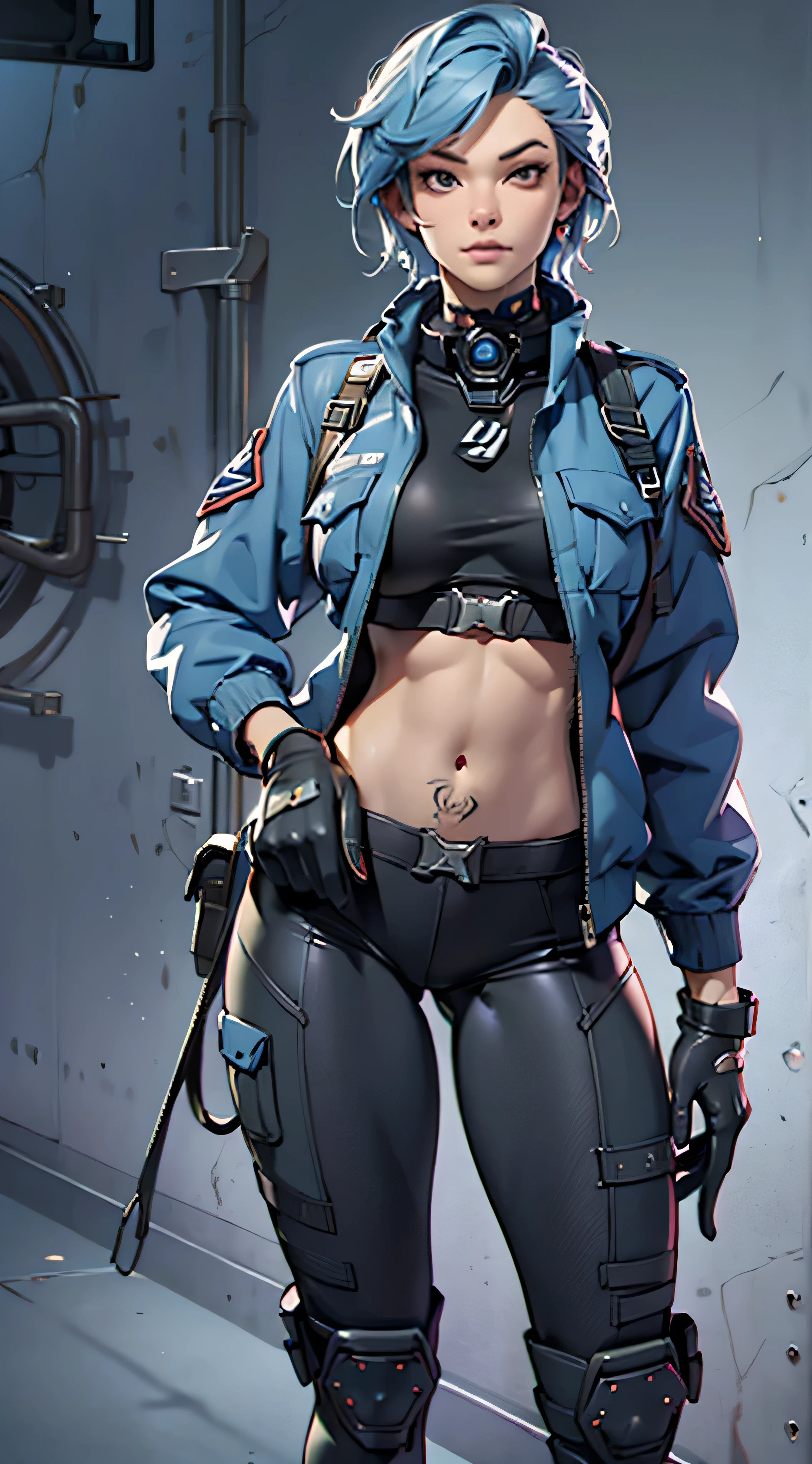 11:23(((Best quality at best: 1.4))),(Unbeatable masterpiece), (hyper HD),(Hyper-realistic 8k CG)、(one hand on hip gesture),(lightblue hair) ((( body))), (((1 girl in))), 25-year-old American soldier with perfect body,,Beautiful and well-groomed face,muscular body:1.2,Solid royal blue jacket with details, (Pictures from head to thighs), Complex equipment, purpleish color,long trousers,The clothes inside are dark,Clothes with armored metal electronic parts, Poison tattoos )