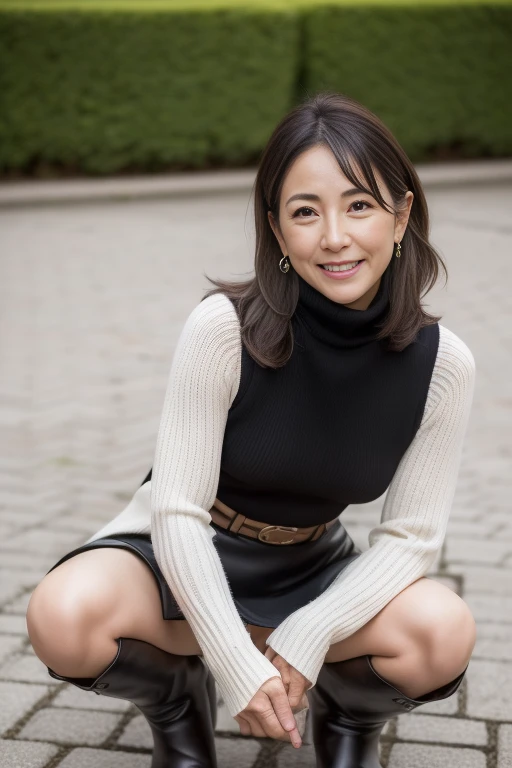 Best Quality, hight resolution, Hires, Skin definition, Detailed skin, Detailed eyes, Detailed face, 4K, 日本人A MILF, ((独奏)), (((50 years old))), (Wrinkles at the corners of the eyes:1.6), (nasolabial folds:1.3), A MILF, glamor, A sexy, Chromo-white skin, ((Wavy Longhair)), Looking at Viewer,(((my skin is old))), ((muscles are old)), (((A slender))), ((Saggy udder)), (Saggy buttocks), ((Japanese Models)), 4K, (photoRealistic:1.5), Realistic, nffsw, Beautiful, Bimbo, Perfect makeup, small diamond necklace, piercings, ((Brown coat, White turtleneck sweater, sleeveless, Argyle pattern pleated skirt, Black long boots )), ssmile, Public places,Full body photo, Spread legs, Squatting