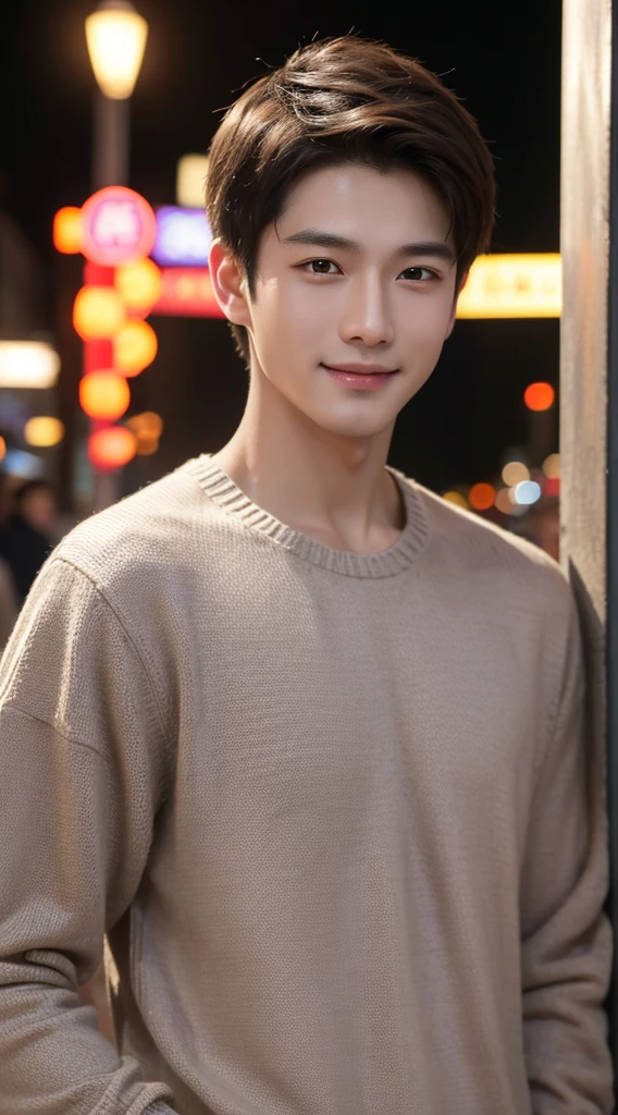 quality、image quality、8K分辨率、Handsome boys,chineseidol,15year old,with perfect style、combed brown hair,Night allure,Short hair detailclusive sweater、Dark shirt、the street、The smile is bright, Detailed faces, 詳細な目,