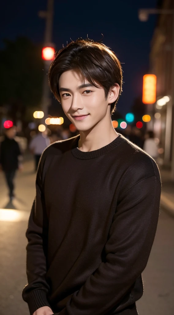 quality、image quality、8K分辨率、Handsome boys，chineseidol，15year old，with perfect style、combed brown hair，Night allure，Short hair detailclusive sweater、Dark shirt、the street、The smile is bright, Detailed faces, 詳細な目,