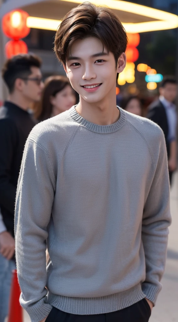quality、image quality、8K分辨率、Handsome boys，chineseidol，15year old，with perfect style、combed brown hair，Night allure，Short hair detailclusive sweater、Dark shirt、the street、The smile is bright, Detailed faces, 詳細な目,