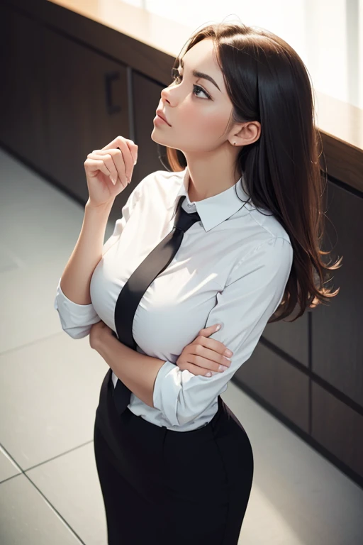 a full body business woman thinking about something hard, standing, hands on the chin, looking up, body facing to the front of the photo, stock photo style