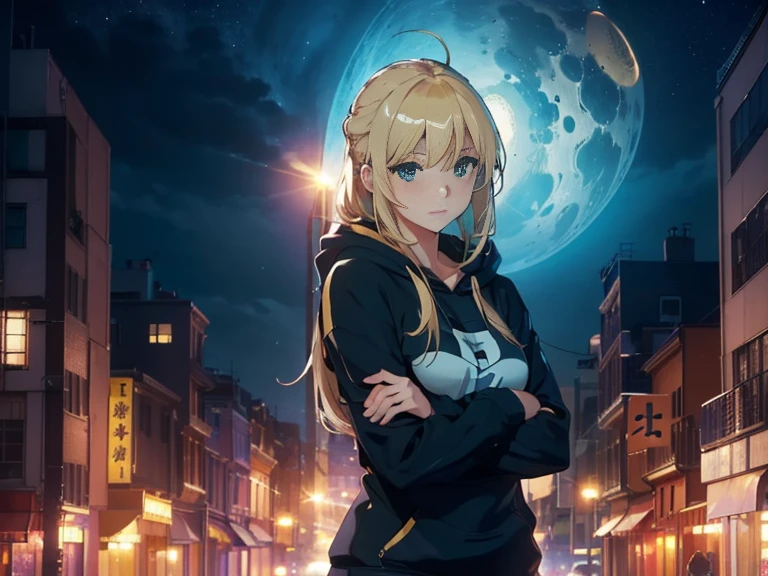 (Best Quality,hight resolution,Realistic:1.37),woman overlooking the city,Blonde Woman,donut shaped hair,loose hair,hug one'Hoodies,deep in the night,nightcity,Fantasy,Ethereal、光线追踪