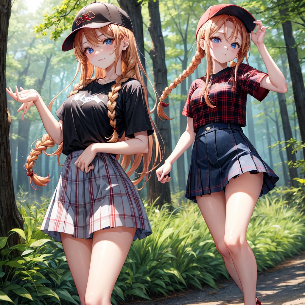 red blonde、blue eyess、Braids、one good looking girl、独奏、animesque、Plaid miniskirt、Black T-shirt、camisole、the woods、Sunlight、Wearing a plaid baseball cap、bare-legged、Tilting your face、Walking、Hands on hips、One hand is raised