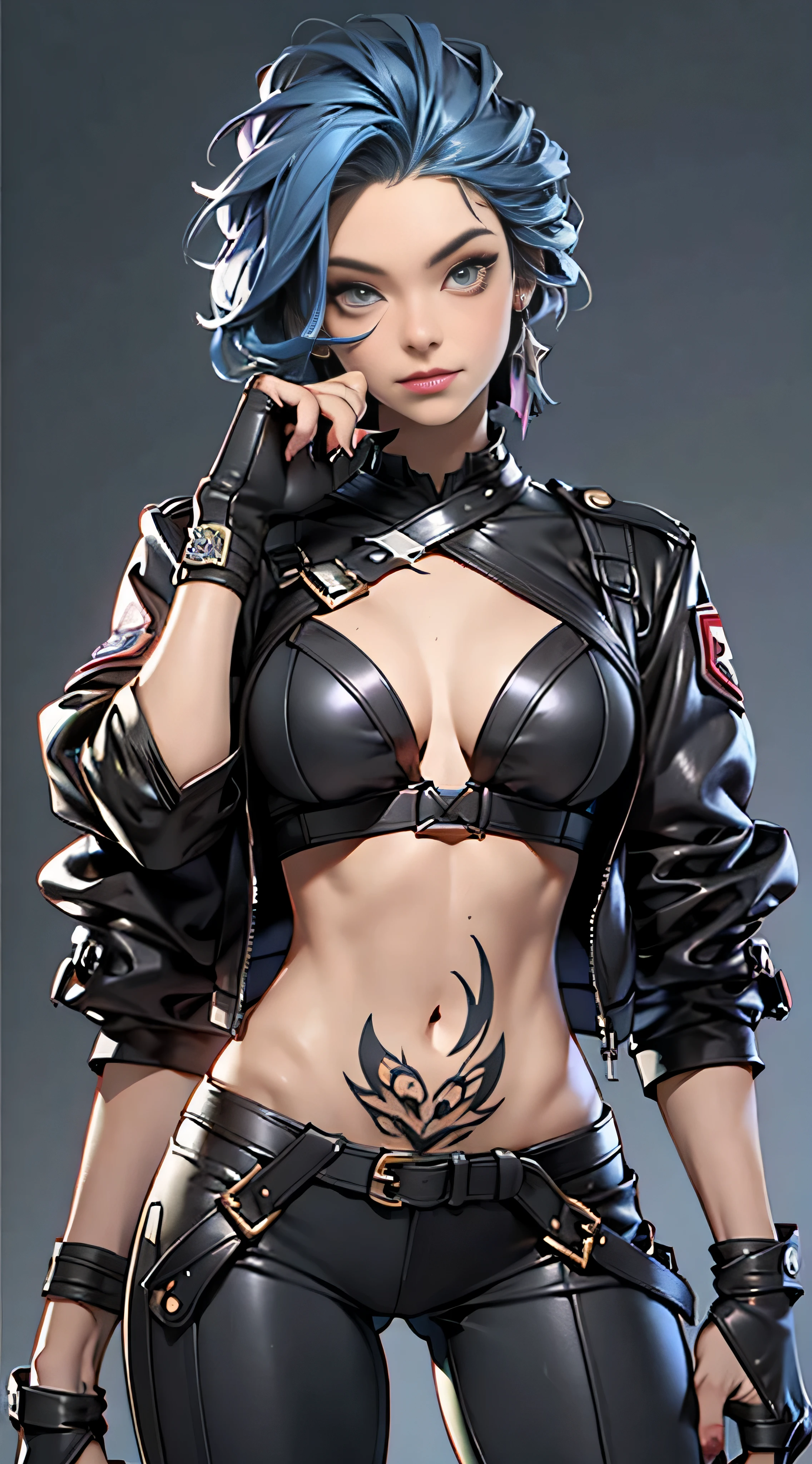 11:23(((Best quality: 1.4))),(Unbeatable masterpiece), (hyper HD),(Hyper-realistic 8k CG)、(There are gestures),(One hand crossed at waist),(lightblue hair) ((( body))), (((1 girl in))), 25-year-old American soldier with perfect body,,Beautiful and well groomed face,muscular body:1.2,Solid royal blue jacket with details, (Pictures from head to thighs), Complex equipment, purpleish color,long trousers,The clothes inside are dark,Clothes with armored metal electronic parts, Poison tattoos )