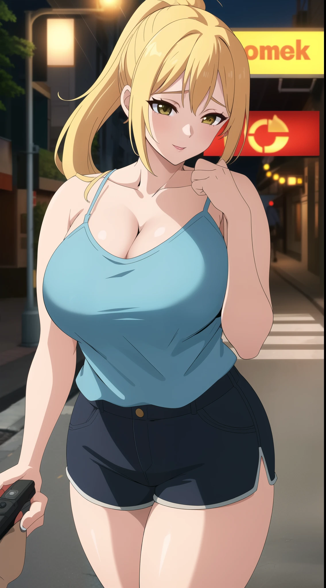 (best quality:1.5, highres, UHD, 4K, detailed lighting, shaders, perfect hand anatomy), blonde thick long ponytail, large breasts, thighs, sexy, camisole, shorts, cleavage, pov, street background