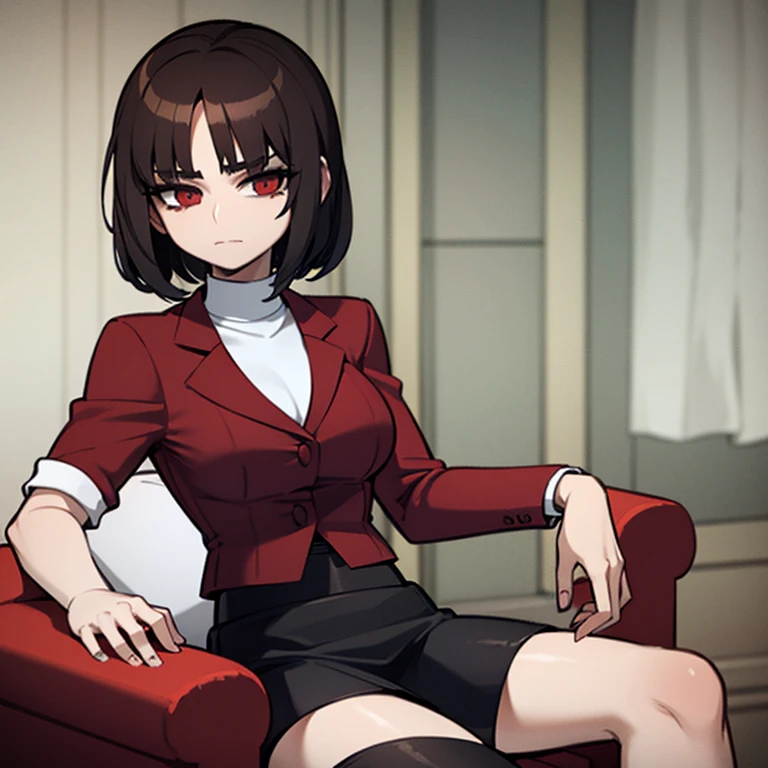 woman, 22 years old, red eyes, short brown hair with dyed bangs, wearing a cropped black turtleneck, a white blazer, and a red mini skirt, sitting on a armchair in a mansion