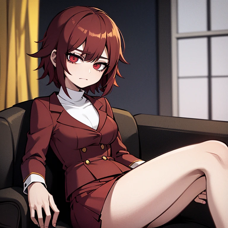 woman, 22 years old, red eyes, short brown hair with dyed bangs, wearing a cropped black turtleneck, a white blazer, and a red mini skirt, sitting on a armchair in a mansion