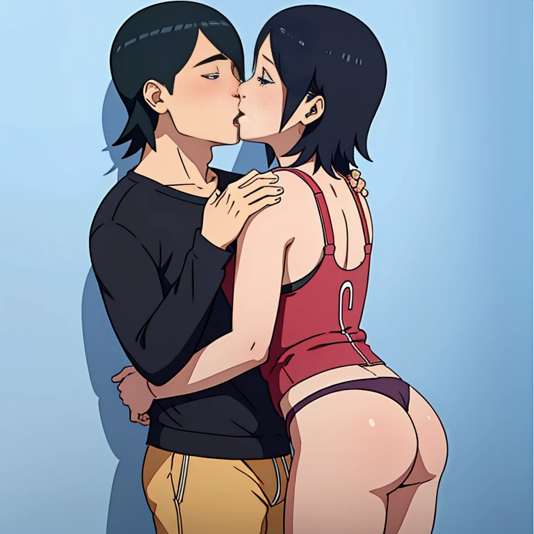 absurdres, highres, ultra detailed, (2girls:1.2), {Sarada, shorter in height, Balck hair, short hair. In her adorable underwear}(single sidelock:1.2), [Hinata, taller in height, long hair, blueish hair. nervous, Underwear, bra and panties laces,] {Lauren phillips lifting alice Merchesi \(meme\),} looking at another, blush, yuri, eye contact, huge height difference, smile, ass, kabedon, standing, against wall, pinned against the wall. Yuri kissing, french kiss, tongue kiss. full body, Locker room background, bust shot, Curvy Butt
