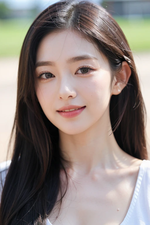 seed number 2671425845、seed number.2671425845 (Cute smile),(((Beautiful face))),(Cute 23 year old cute girl:1.3), raw, Colorful, Sharp Focus, Delicate and beautiful composition, Best Quality, (Realistic), High quality, Ultra Detail, (realisiticフォト), (Realistic) ,(Realistic skin), (Realistic body), (Complex Detail), (Detail skin:1.Perfect luster:0.6), (slim:1.2), (Beautiful big eyes:1.2) ,Round eyes, Detail Eyes, Pretty Face,(1girl in), (Detailed face:1.2), Realistic moist skin, Dark hair, 8?nffsw, High quality, 細いslimウェスト, Long legs, kindly smile, (Portrait), Happy expression, Beautiful lighting , Perfect Lightning, Realistic Shadows,1 girl, 独奏で, (((small head))), (((Viewers see sweaty shots of beautiful legal bodies:1.2), Cinematic Light, (finerly detailed face:1.2), (masutepiece:1.5), (Best Quality:1.2),(1 girl:1.3), (Bigchest:1.2), (cleavage), Full body, Girlish body, Curve, Details bare, Detailed beauty small face, Friendly smile, Round eyes, Black hair, thin lips, (((No makeup:1.5))) , (Realistic, photographrealistic:1.3), Detailed abs, Sexy navel, Alafed woman in athletics suit, Pose on the track, Sporty physique, athletic bodies, Japanese Models, sexymodel, wearing track and field suit, Sporty,、Japanese actress Asami Mizukawa、Transparent beautiful skin、Cool impression with long eyes、speak slowly and carefully、hidden core strength、Black hair suits you、Makeup that is not too flashy、Makeup looks natural too、Beautiful posture、a small face、The nasal muscles are passing through、The corners of the mouth are higher than the width of the head、Less than one third of the vertical width of the face、The border between the eyebrows and the base of the nose is deeply concave、The distance between the left and right eyes is、、、、、、、、、、、narrower than the width of one eye、distance between eyes and eyebrows、Narrower than one vertical width of the eye、The outline is、Oval or long type、The shape of the jaw resembles an upside down 、Hairstyles、natural one-len、(masutepiece, top-quality、high-detail:1.4、Very attractive beauty、Add intense highlights to the eyes、Look firmly at the camera:1.4、A beautiful woman full of charm、Ideal ratio body proportions、Perfect Anatomy、Lustrous hair、lipgloss),1girl in, 独奏, Light brown shiny hair, realisitic, looking at the viewers、Tilt your head slightly、 唇はlipgloss,big eye、Lashes、The face is a little red、Embarrassing)、((Put very strong highlights in your students、gazing at viewer、Very beautiful beauty、Put your ears out、long neck、little smiling、Beautiful teeth、Open your mouth and smile、Heart-shaped pupil))、28 year old、Very cute supermodel、