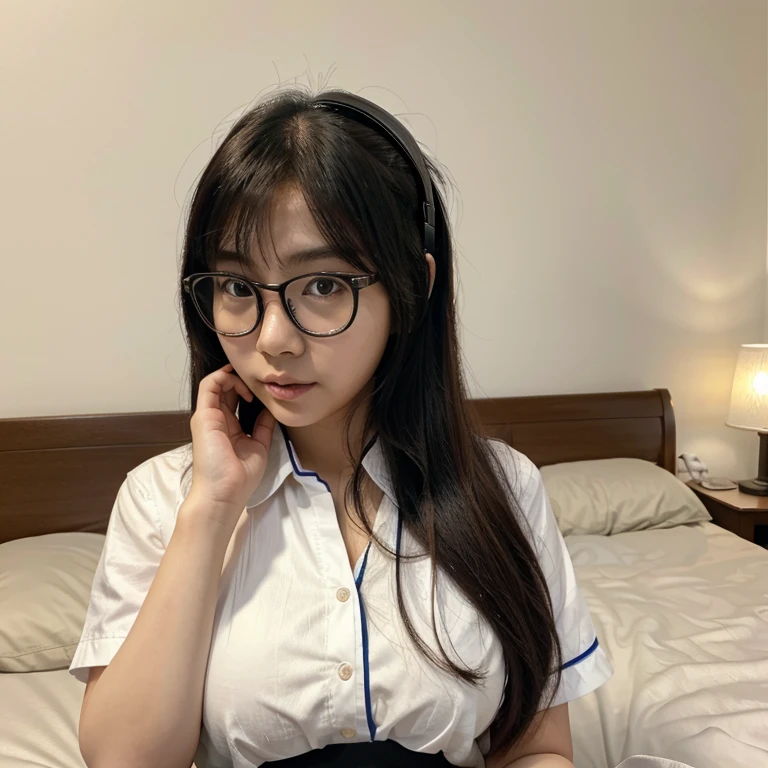 Korean Asian woman wearing glasses and headphones sitting on bed, with glasses, korean girl, thick glasses, age is 18 years old, 2 , thicc, 21 years old, beautiful asian girl, asian girl, young and cute girl, with glasses on, spectacled, cutecore, Large glasses, The cute catgirl is so pretty.,maid outfit, Thai Student Uniform
