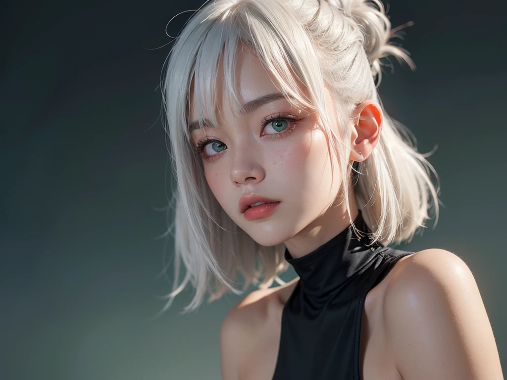 a 20 yo woman, white hair, (hi-top fade:1.3), dark theme, soothing tones, muted colors,
, (natural skin texture,, soft light, sharp), dark green eyes, goddess, Asian