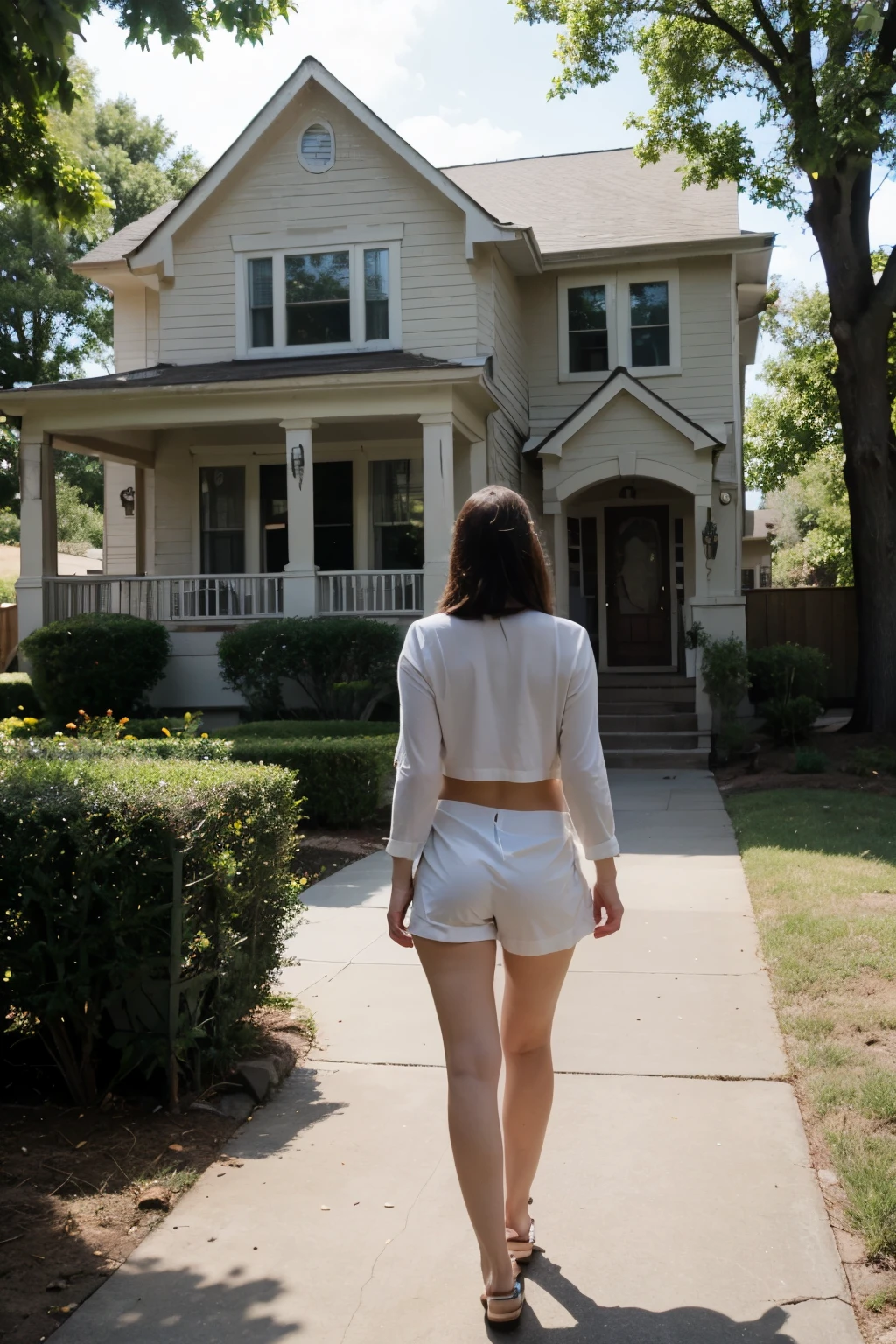 The backside of a clothed woman walking up to a cute midwestern house.