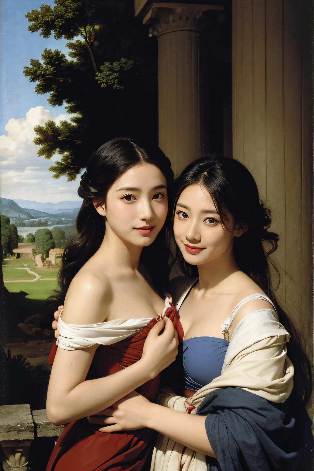 Ancient Roman ruins,Poussin-style landscape,A smile,,Sweet and seductive appearance.、Caravaggio's paintings、Chiaroscuro of Caravaggio、Hair disheveled in the wind,Two women frolicking,Cute smile, Expression of ecstasy,A sexy,Erotic