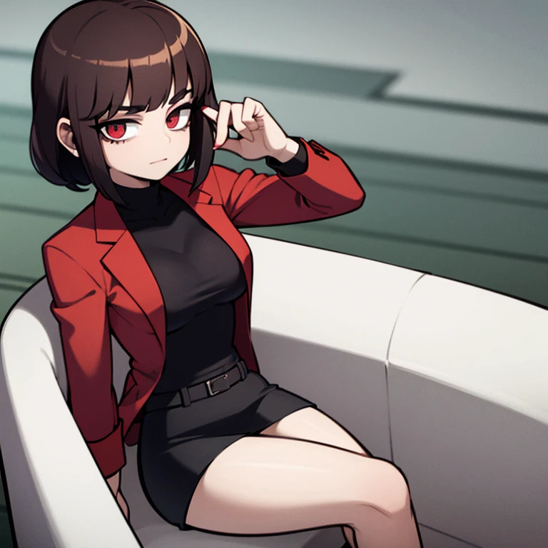 woman, 22 years old, red eyes, short brown hair with dyed bangs, wearing a black turtleneck, a white blazer, and a red mini skirt, sitting on a armchair in a mansion