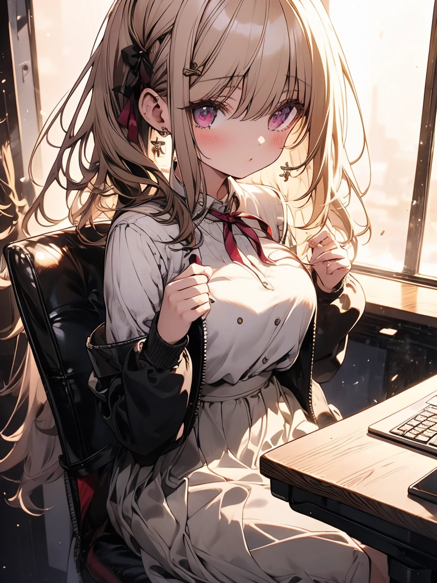 masterpiece, absurdres, best quality, ultra detailed, high Resolution, detailed illustration, extremely beautiful detailed face and eyes, bright colour, 1girl, (li), cute face, Delicate beautiful face, magenta eyes, cute eyes, sparkling eyes, big eyes, medium breasts, (perky breasts:1.1), (pointy breasts:1.1), medium hips, glamorous body, white skin, surprise, BREAK, long bob cut, (blonde hair:0.8), messy hair, detailed hair, shiny hair, BREAK sweater, long skirt, tiny ribbon, working, computer, sitting chair, office, real world, natural lights, perfect lighting,