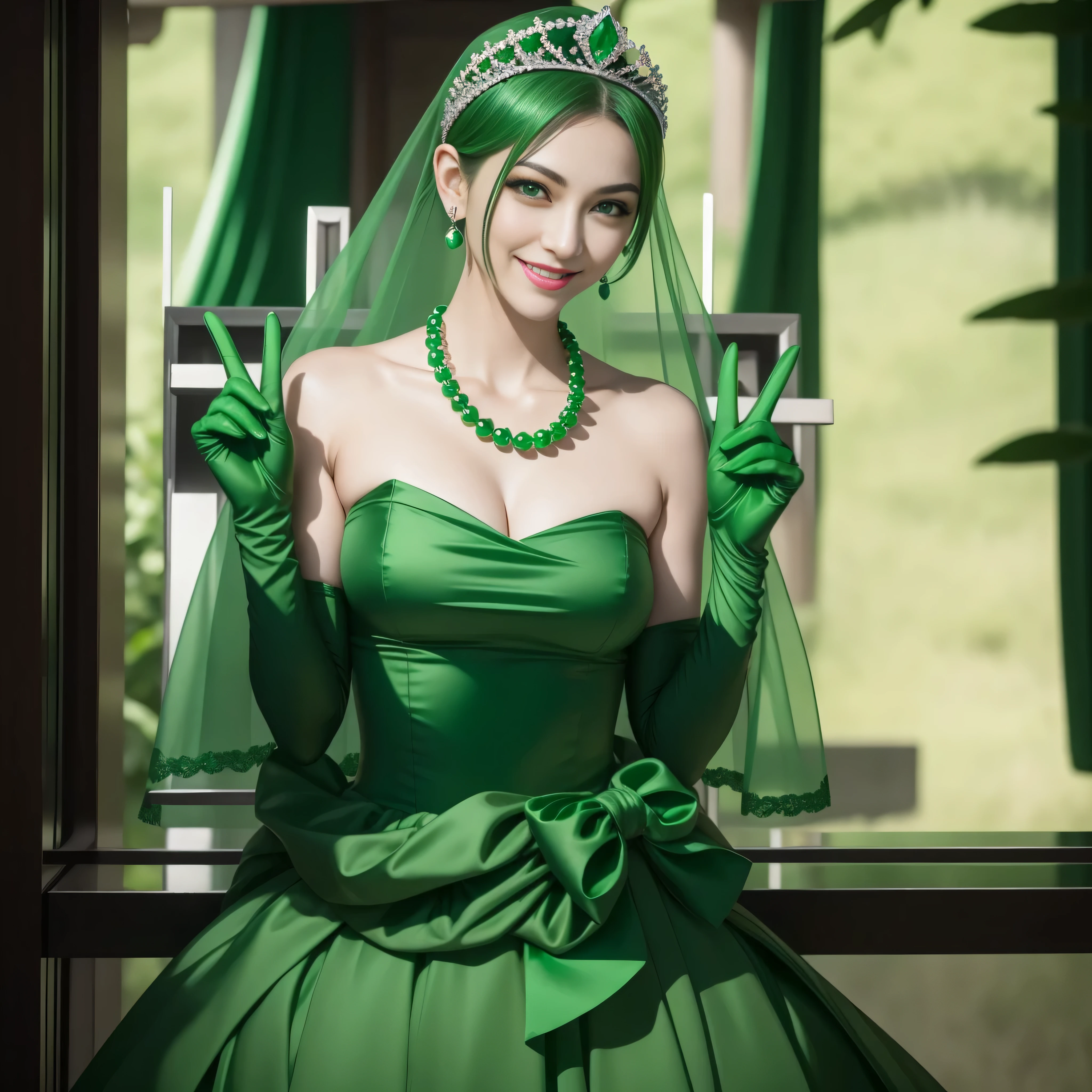 emerald tiara, Green Pearl Necklace, Boyish very short green hair, lipsticks, Japan woman smiling, very short short hair, big breasts beautiful, Green eyes, Long green gloves made of satin material, Green eyes, Emerald Earrings, green vale, v sign