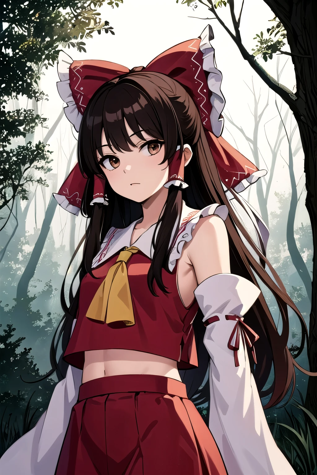 detailed background, masterpiece, best quality, 1girl, hakurei reimu, brown hair, hair tubes, hair ribbon, brown eyes, touhou project, forest, purple theme, white theme