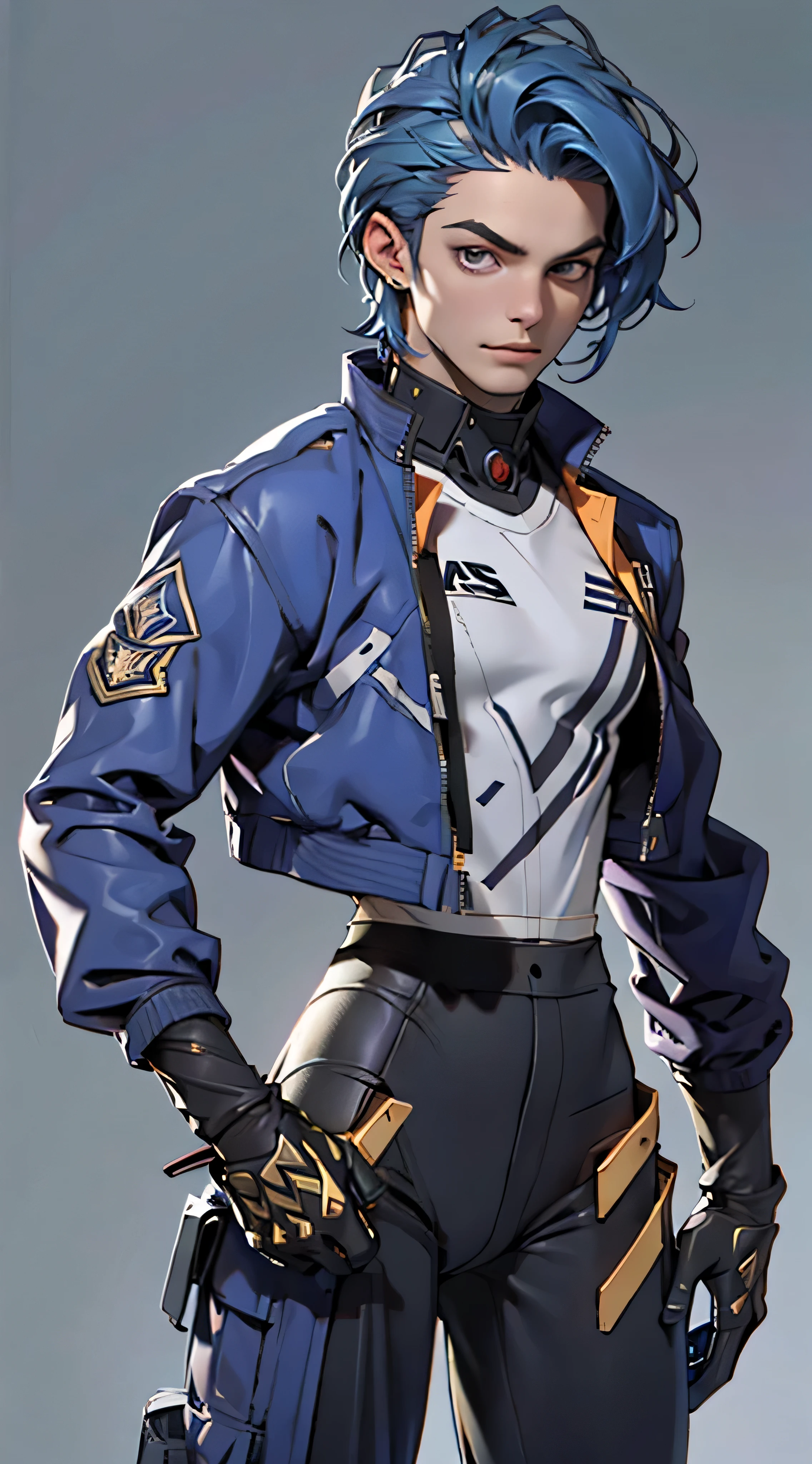 11:23(((Best quality: 1.4))),(Unbeatable masterpiece), (hyper HD),(Hyper-realistic 8k CG)、(one hand on hip gesture),(lightblue hair) ((( body))), (((1 girl in))), 25-year-old American soldier with perfect body,,Beautiful and well groomed face,muscular body:1.2,Solid royal blue jacket with details, (Pictures from head to thighs), Complex equipment, purpleish color,long trousers,The clothes inside are dark,Clothes with armored metal electronic parts, Poison tattoos )