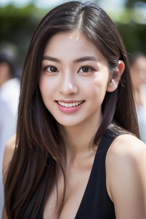 (8k, Best Quality, Masterpiece:1.2), (Realistic, Photorealistic:1.37), Ultra Detail, 1 Girl,Cute,Solo,Beautiful Detailed Sky,Date,(Blush),(Smile:1.15),(Closed Mouth)Small Breasts,Beautiful Detailed Eyes,(Long Hair: 1.2),Floating Hair NovaFrogStyle, Upper Body, Tank Top