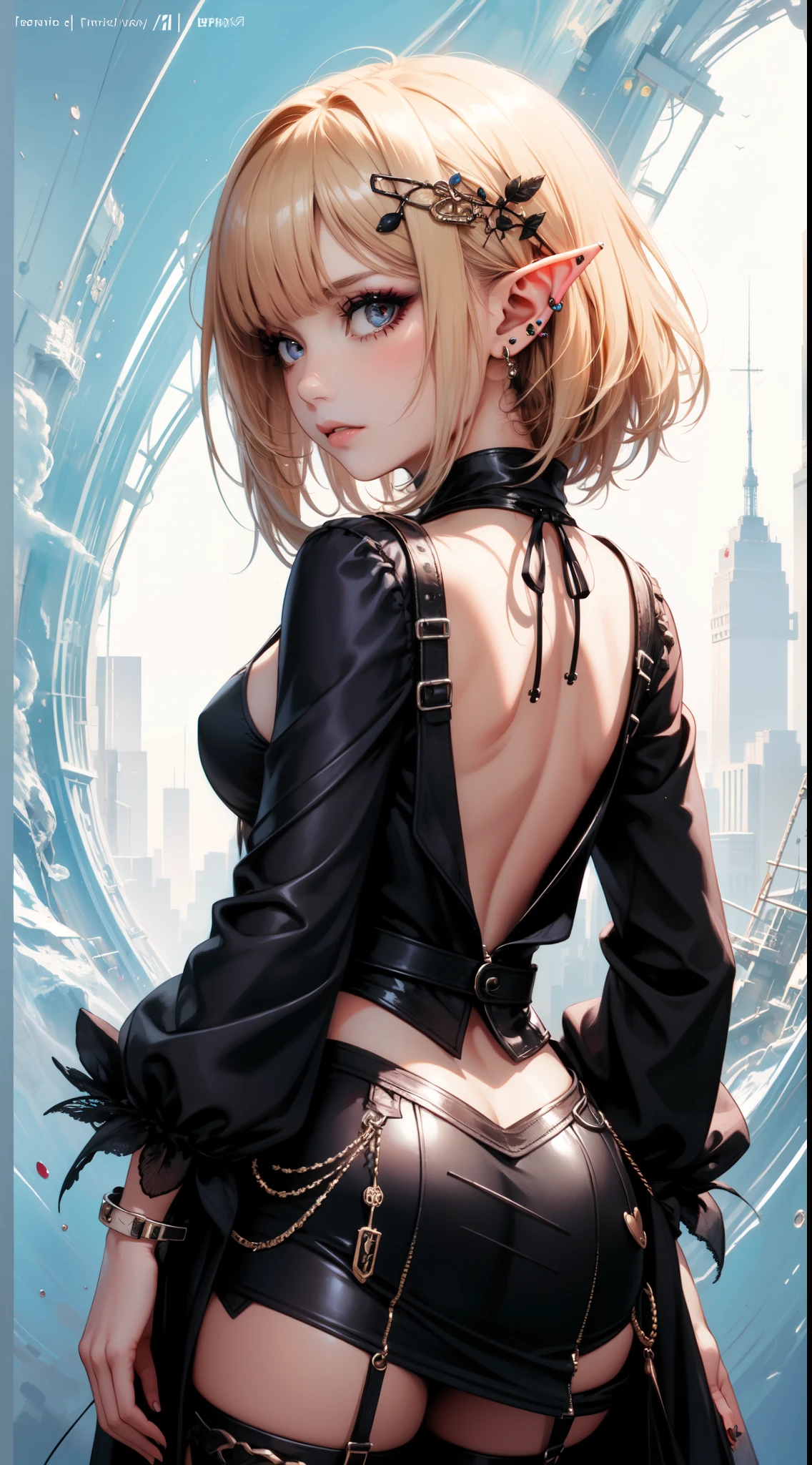 (masterpiece, top quality, best quality, official art, beautiful and aesthetic:1.2), ((elf)), ((1girl)), extreme detailed,(fractal art:1.3),colorful,highest detailed, portrait, from behind,  art by Artgerm, by wadim kashin, by Kawacy, by Yoshitaka Amano, BREAK, (elf), (1girl), solo, perfect face, details eye, Blunt bangs, Blonde white hair, (hair between eye), eyelashes, eyeshadow, pink eyeshadow, BREAK, corsages, jirai kei, (jirai kei fashion:1.1), Frills, Skirts, Various accessories, (ear piercing), punky style, Japanese subculture, fashion, Stockings, colorful, (Dark circles:1.2),