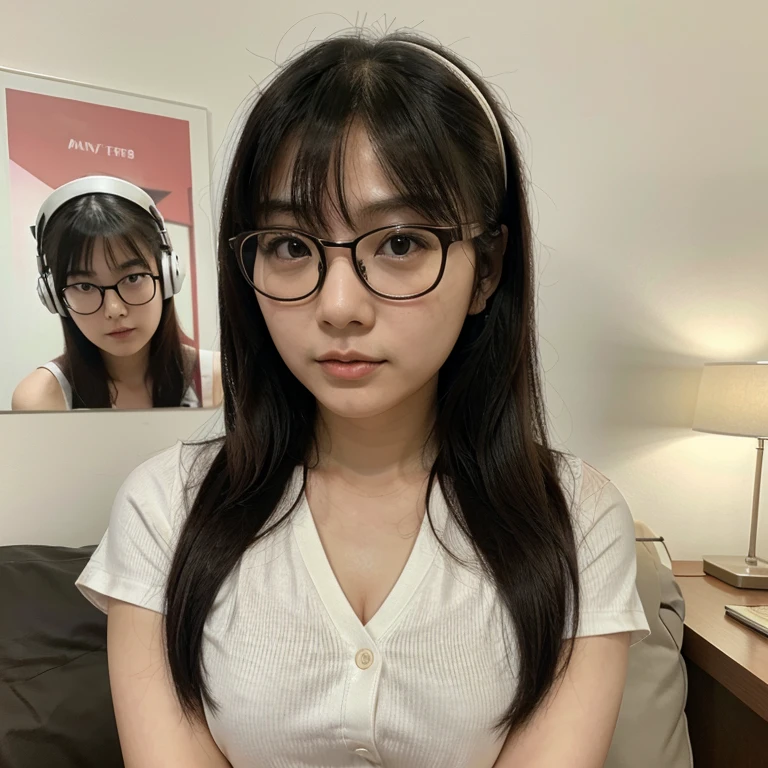 Korean Asian woman wearing glasses and headphones sitting on bed, with glasses, korean girl, thick glasses, age is 18 years old, 2 , thicc, 21 years old, beautiful asian girl, asian girl, young and cute girl, with glasses on, spectacled, cutecore, Large glasses, The cute catgirl is so pretty.,maid outfit,