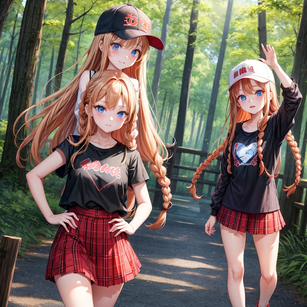 red blonde、blue eyess、Braids、one good looking girl、独奏、animesque、Plaid miniskirt、Black T-shirt、camisole、the woods、Sunlight、Wearing a plaid baseball cap、bare-legged、Tilting your face、Walking、Hands on hips、One hand is raised