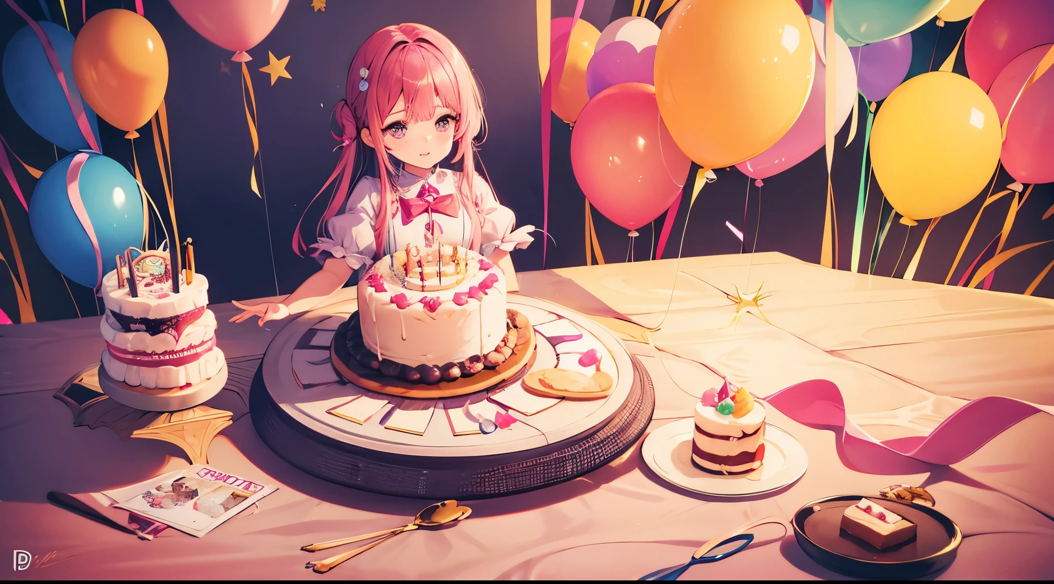 Birthday cake on the table,manga girl,Put your hands together and make a wish,Birthday atmosphere,balloons,dolls,Streamers,