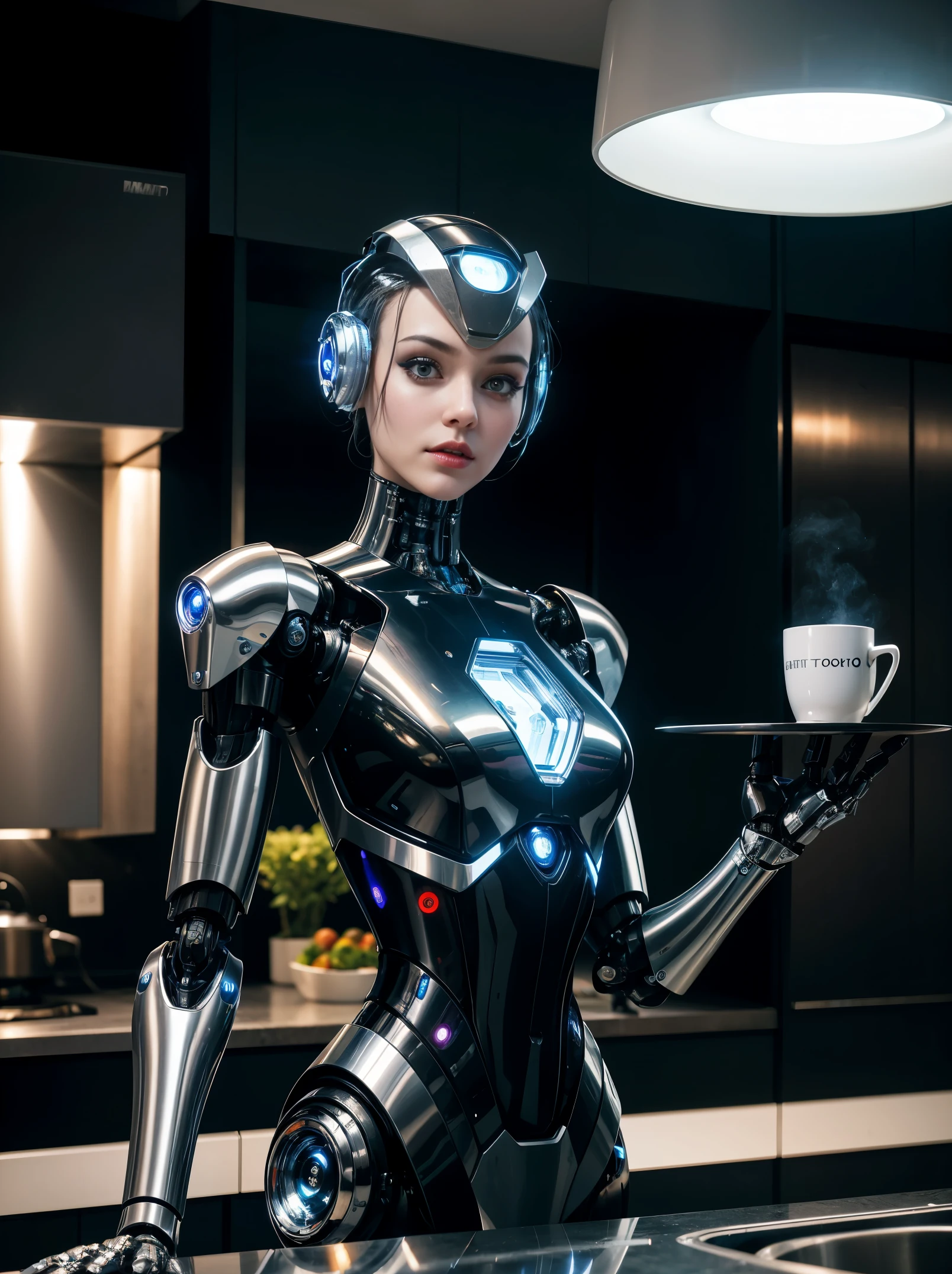 Close-up of robot butler standing near kitchen counter，female android, futuristic robotic, Beautiful robot character design, cyberpunk cyborg, robot body, robotic body, posing robotically, humanoid servo, futuristic robotic, the most advanced humanoid robot